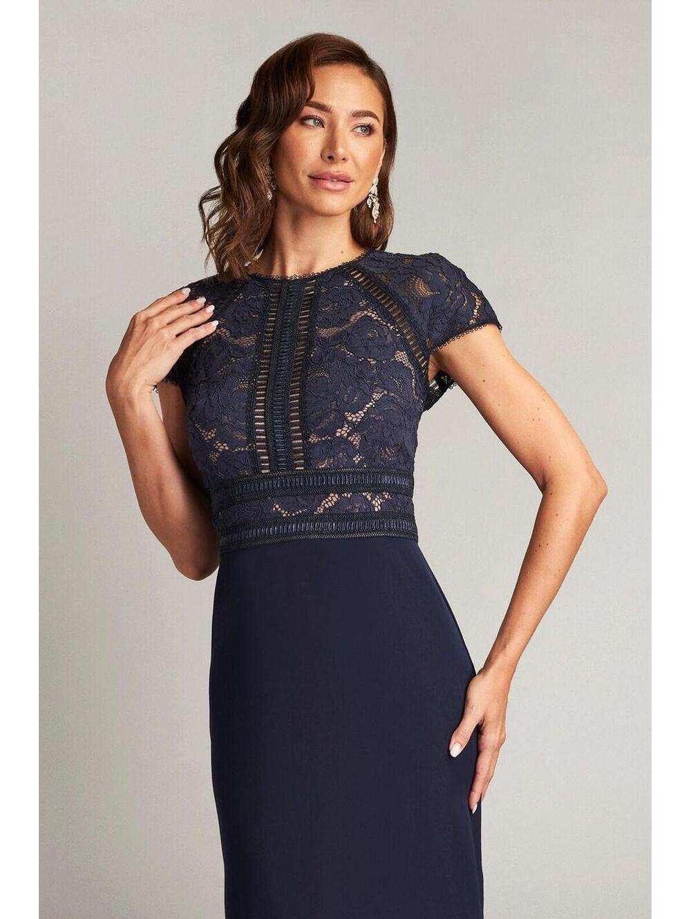 Tadashi Shoji Navy Lace-Top Floor-Length Gown with Cap Sleeves - Picture 5 of 13